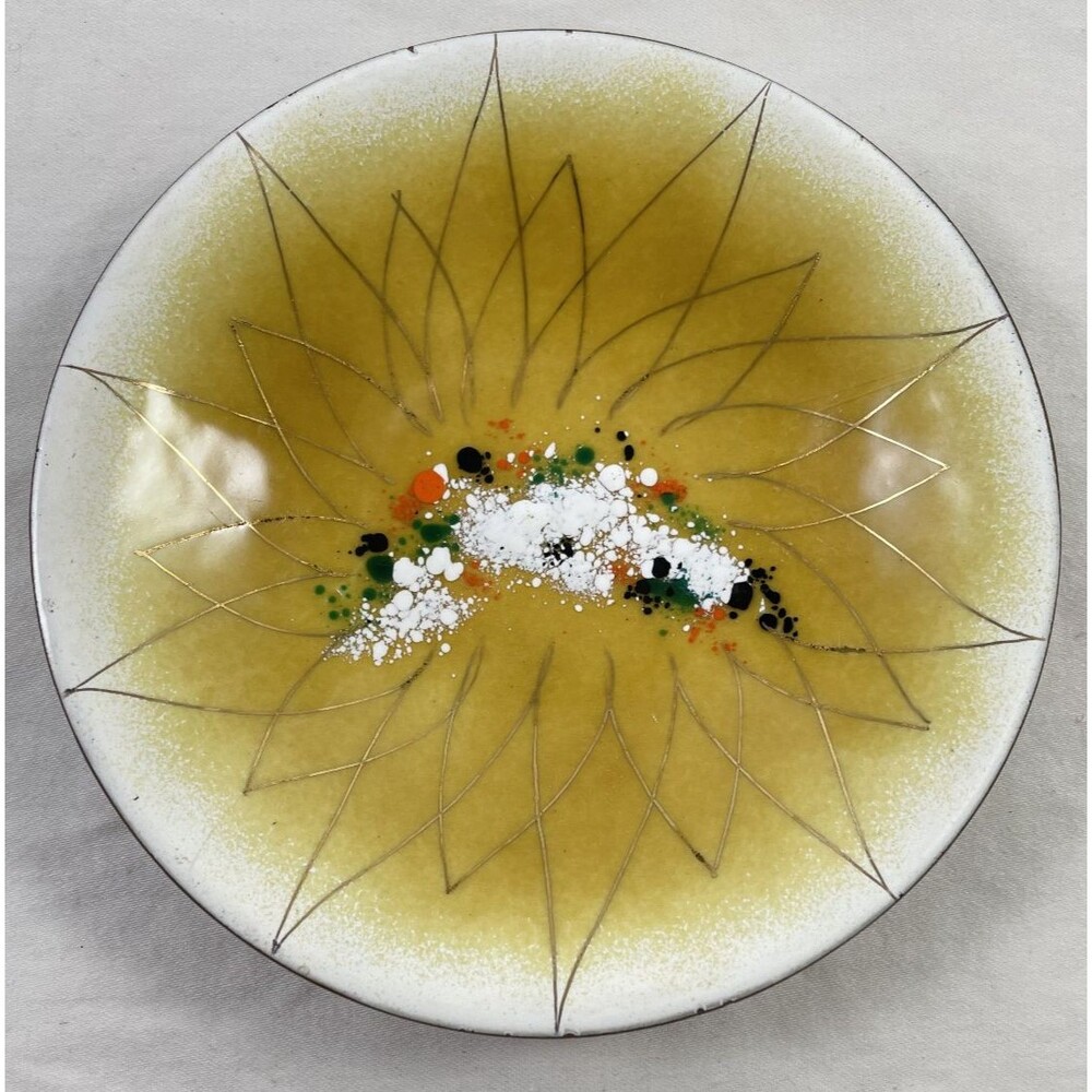 Enamel on Copper Trinket Plate Abstract Sunflower Gold 5.5" Vintage Signed